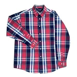 Roundtree & Yorke Men's Large Red Blue Plaid Button-Down Long Sleeve Shirt